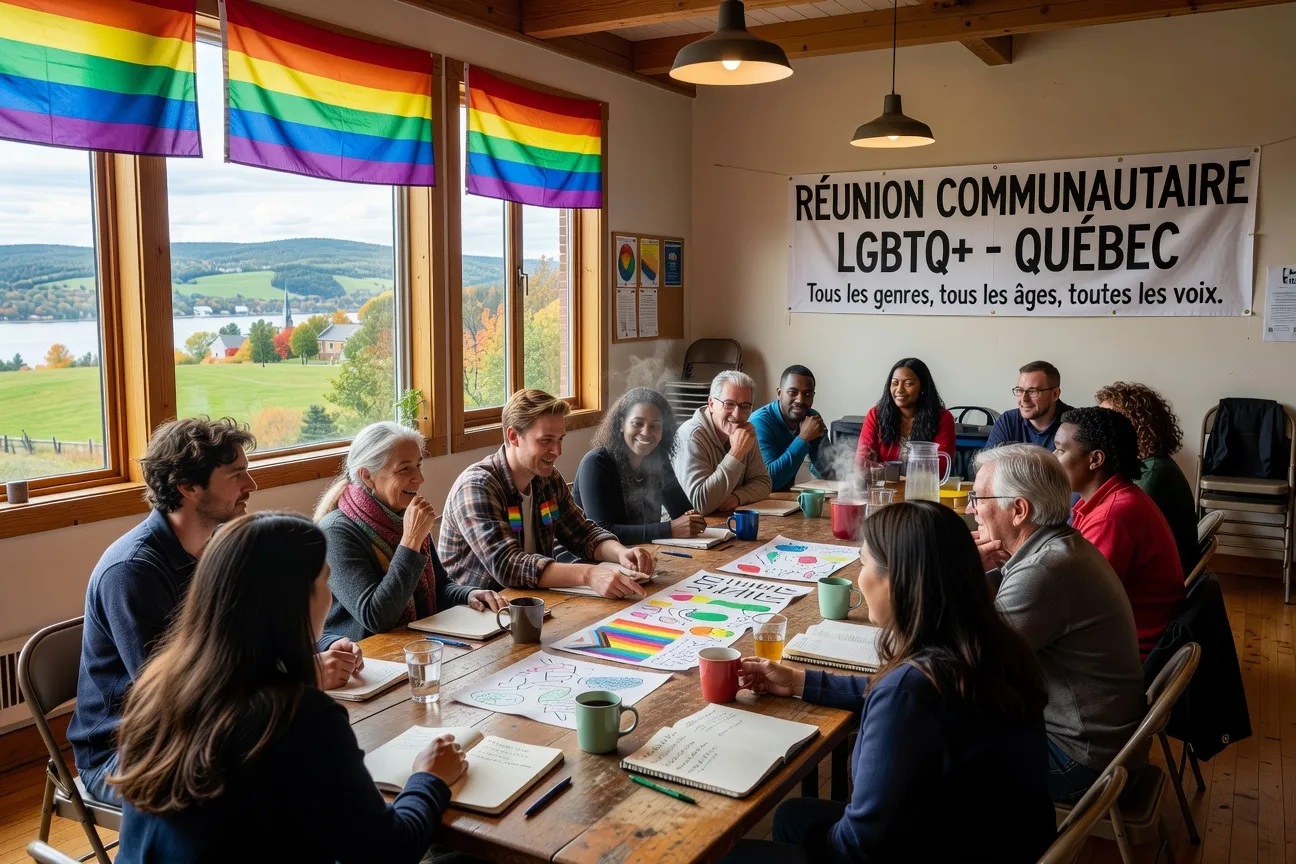 Activist group at an LGBTQ+ community meeting in a Quebec region
