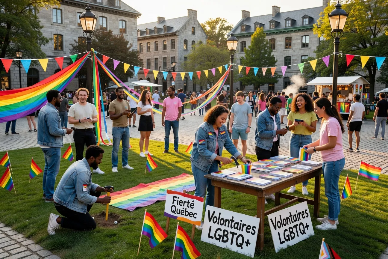 Young LGBTQ+ volunteers working together at a community event in Quebec