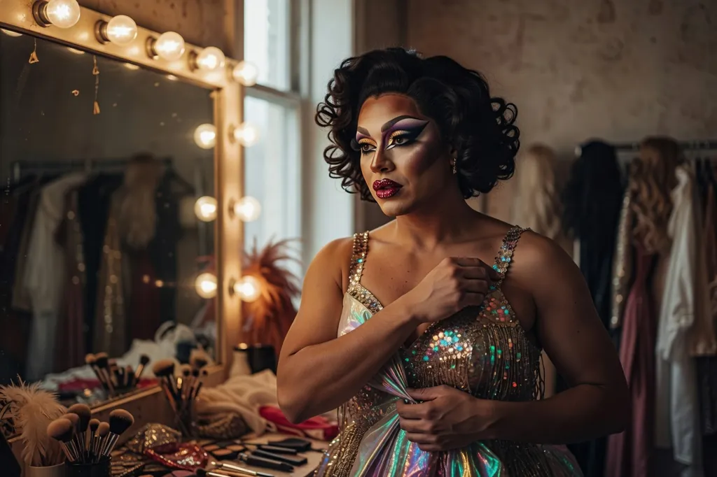 Artiste drag en coulisses ajustant son costume miroitant devant un miroir