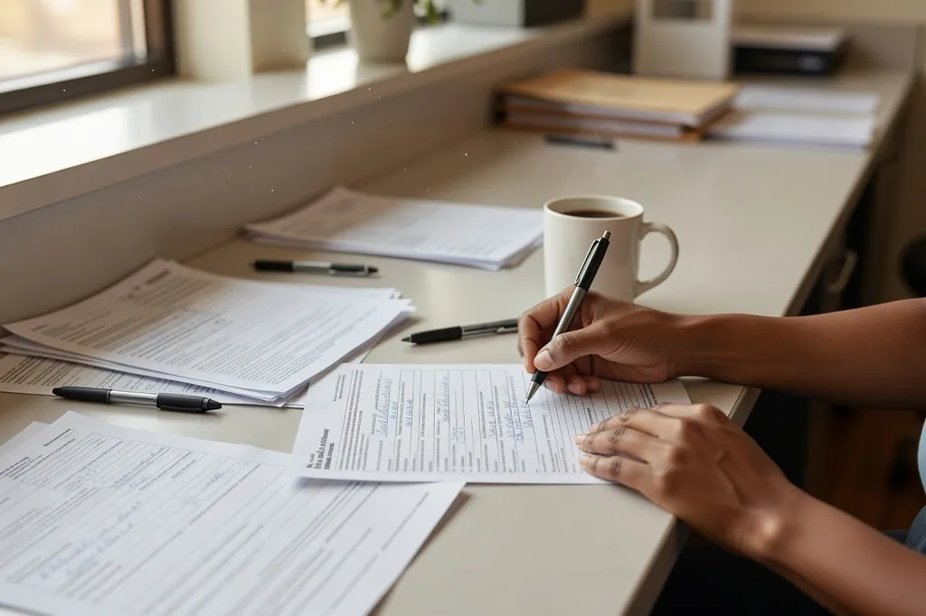 Mains remplissant un formulaire administratif sur un comptoir clair