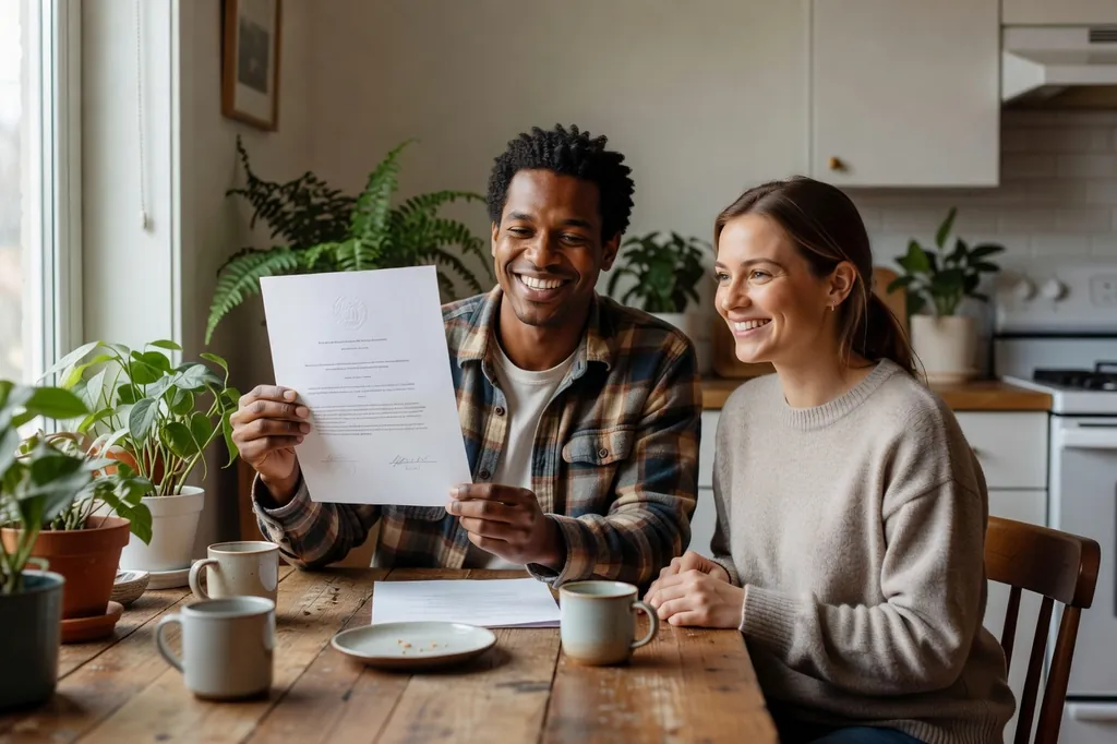 Deux amis célébrant la réception d'un document officiel autour d'une table de cuisine