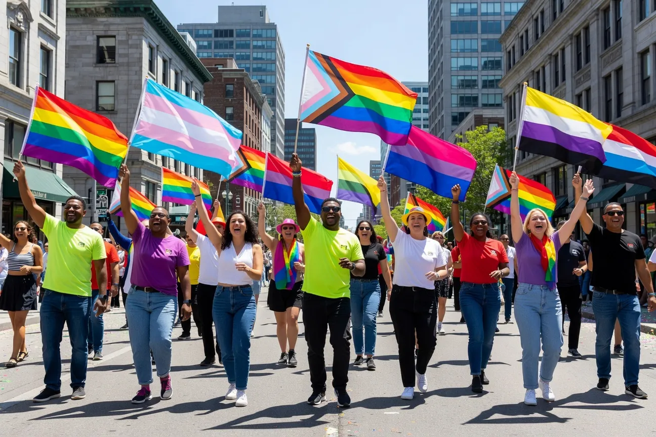 Collection de drapeaux LGBTQ+ diversas durante una Fiert&eacute; en Quebec