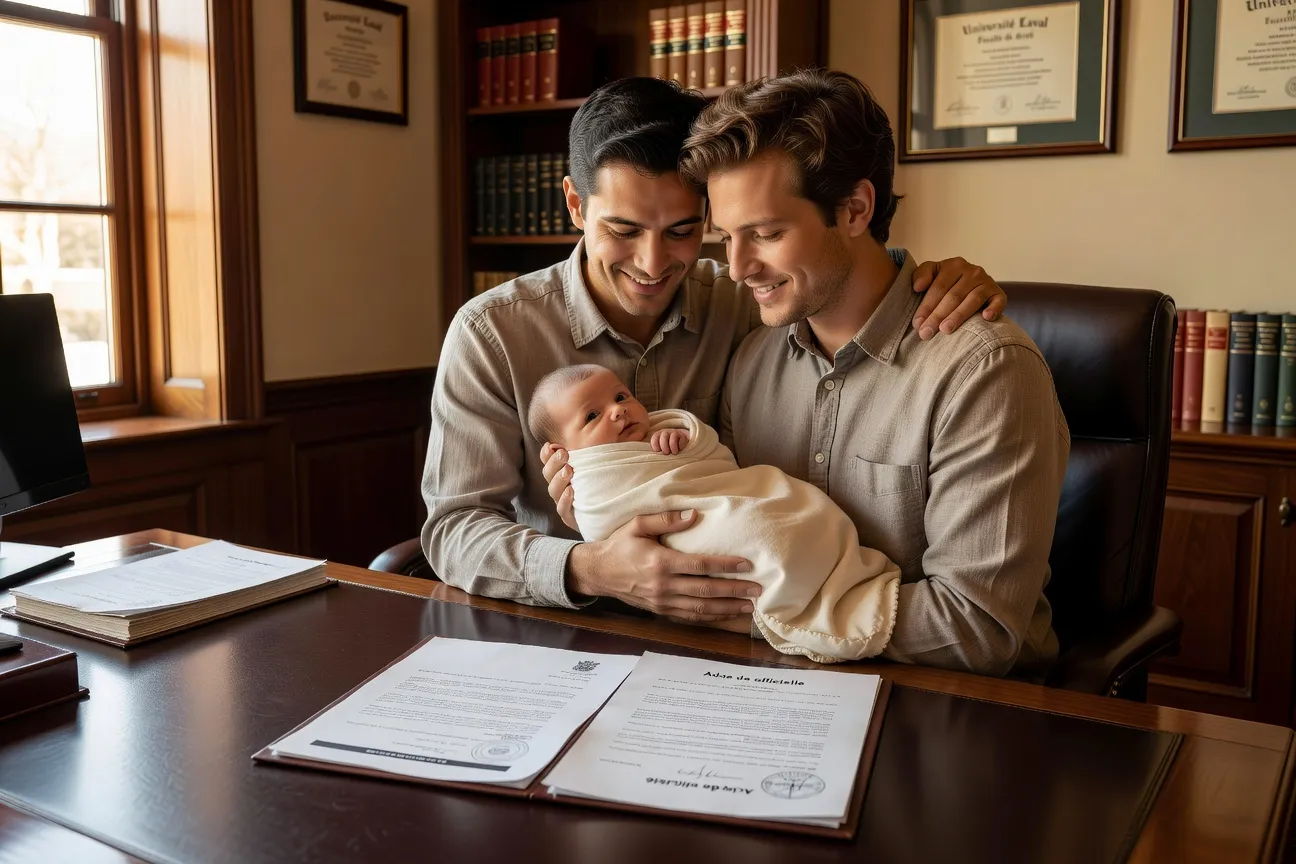 Pareja masculina sosteniendo a su bebé con documentos legales sobre una mesa en una oficina notarial en Quebec