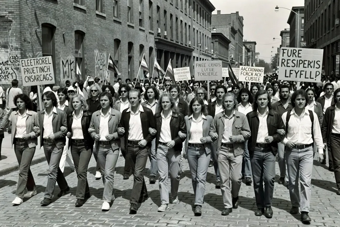 Historical archives of the Montreal Pride march from the 1980s, protesters with signs
