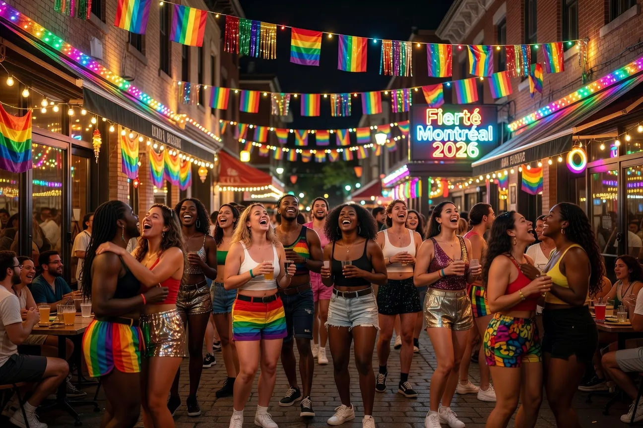 Village gay of Montreal lit up at night during Pride Week 2026