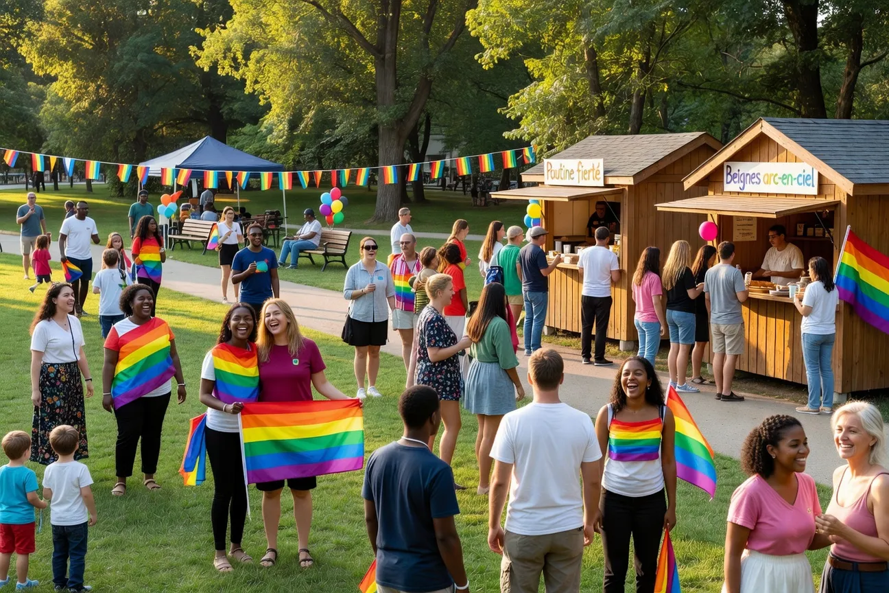 Diverse participants at a Quebec regional pride, festive and family-friendly atmosphere