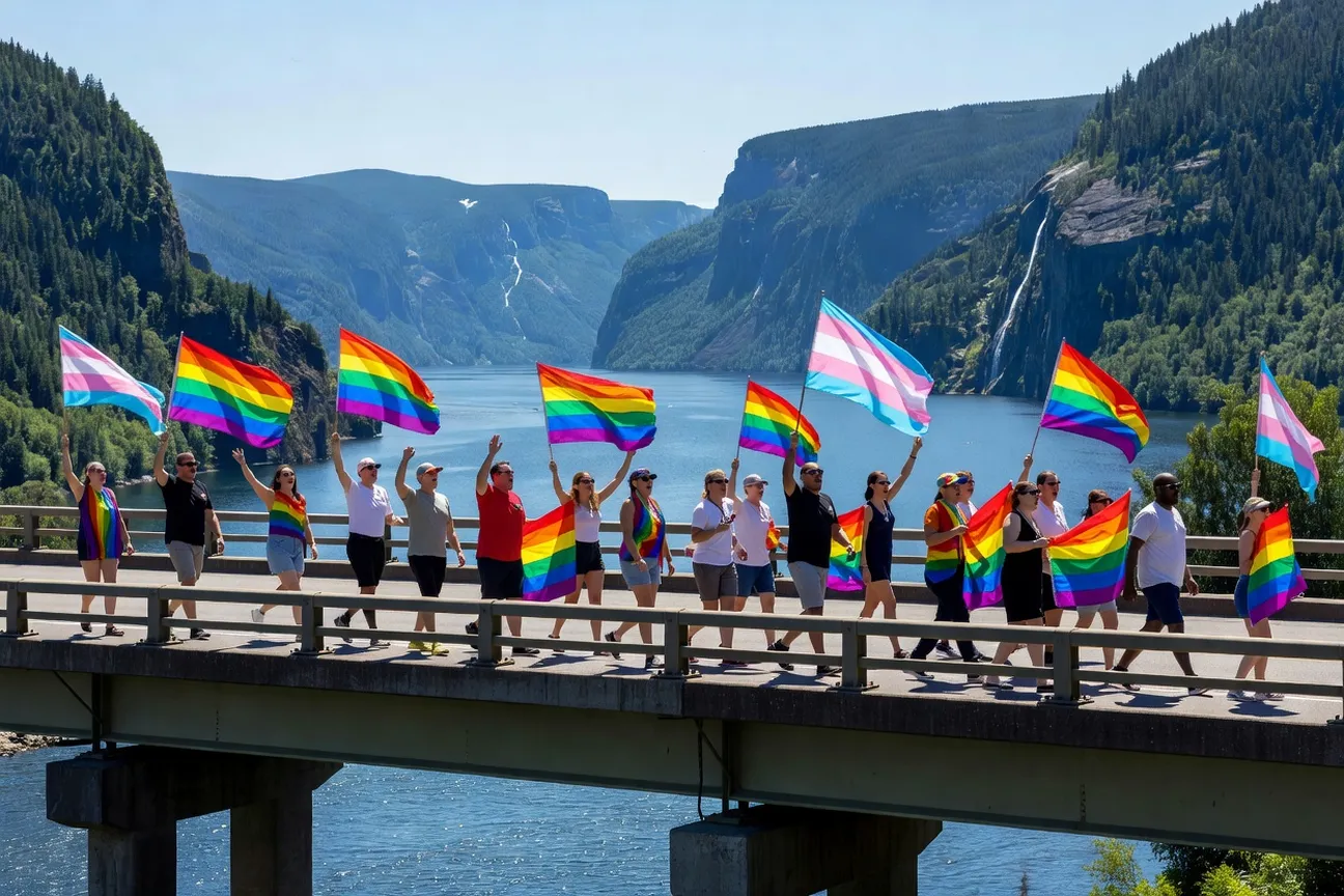 Pride Parade Saguenay 2025, participants crossing downtown with rainbow flags