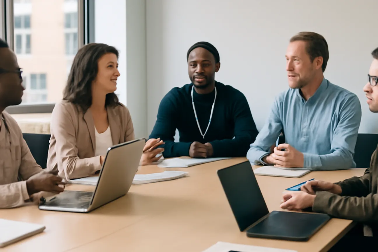 R&eacute;union d&rsquo;&eacute;quipe inclusive dans un bureau qu&eacute;b&eacute;cois avec employ&eacute;s divers &eacute;changeant de mani&egrave;re d&eacute;tendue