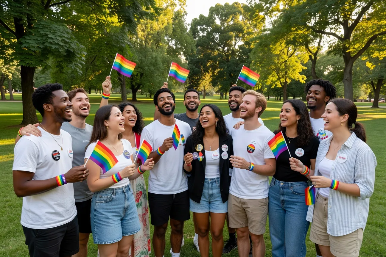 Rassemblement IDAHOT el 17 de mayo en un espacio público, participantes sosteniendo pancartas contra la homofobia
