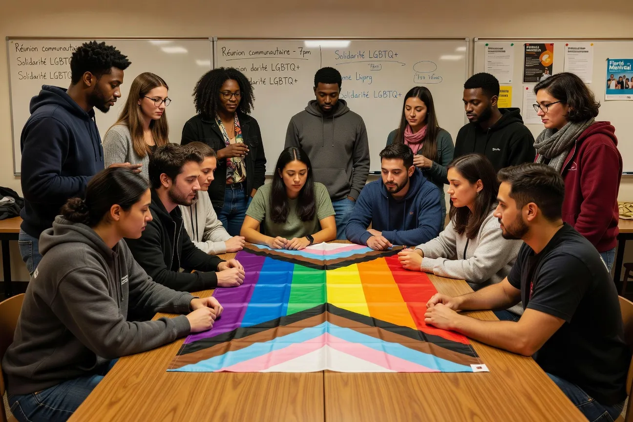 Chars all&eacute;goriques color&eacute;s lors d&rsquo;un d&eacute;fil&eacute; de la Fiert&eacute; au Qu&eacute;bec, foule festive sur le parcours