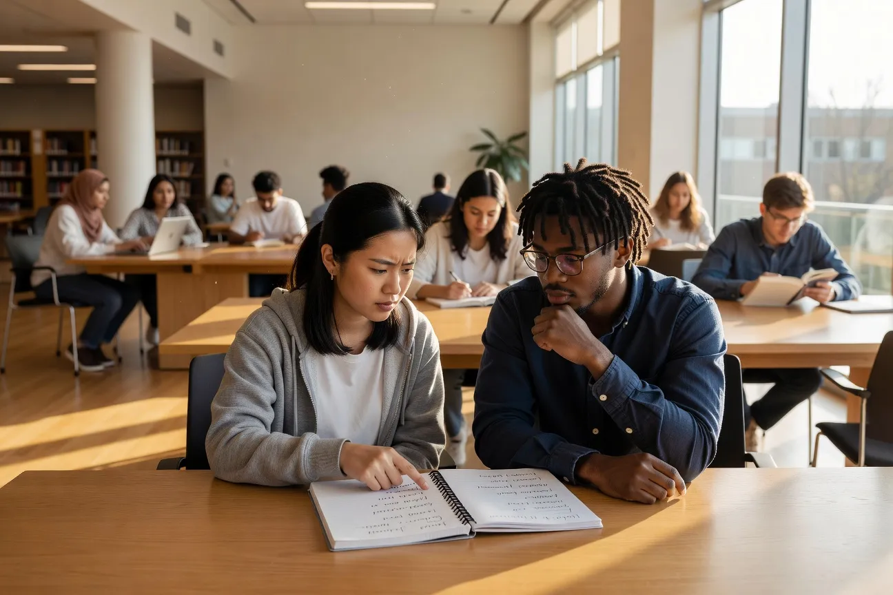 Two people discussing LGBTQ+ terminology in a university setting, open notebook, diverse students