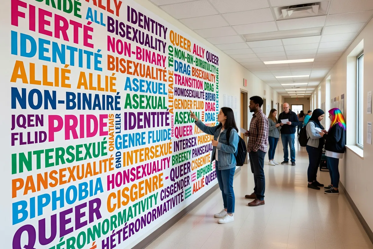 Colorful wall with LGBTQ+ vocabulary words in a community center hallway in Quebec