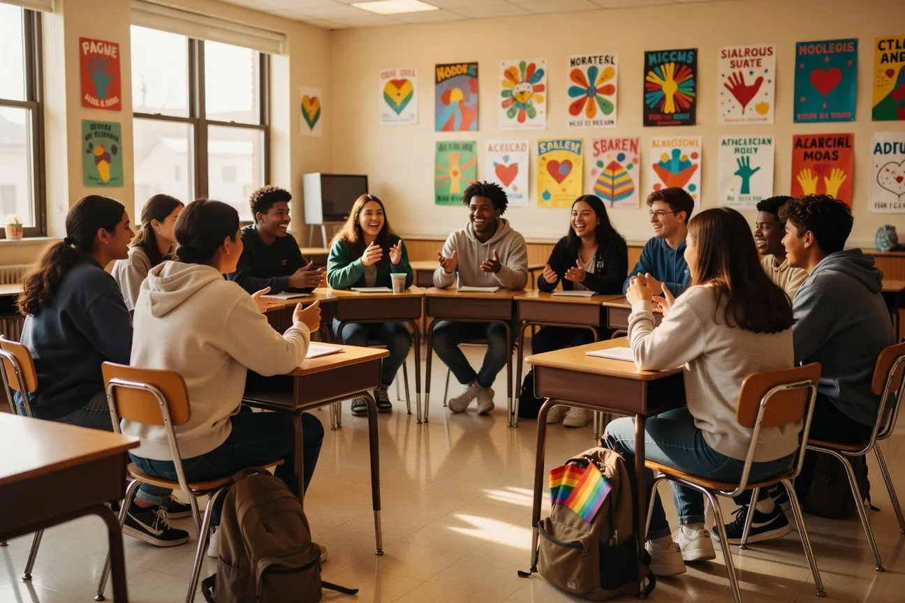 Groupe d&rsquo;&eacute;l&egrave;ves du secondaire participant &agrave; une r&eacute;union d&rsquo;alliance gai-h&eacute;t&eacute;ro dans une salle de classe