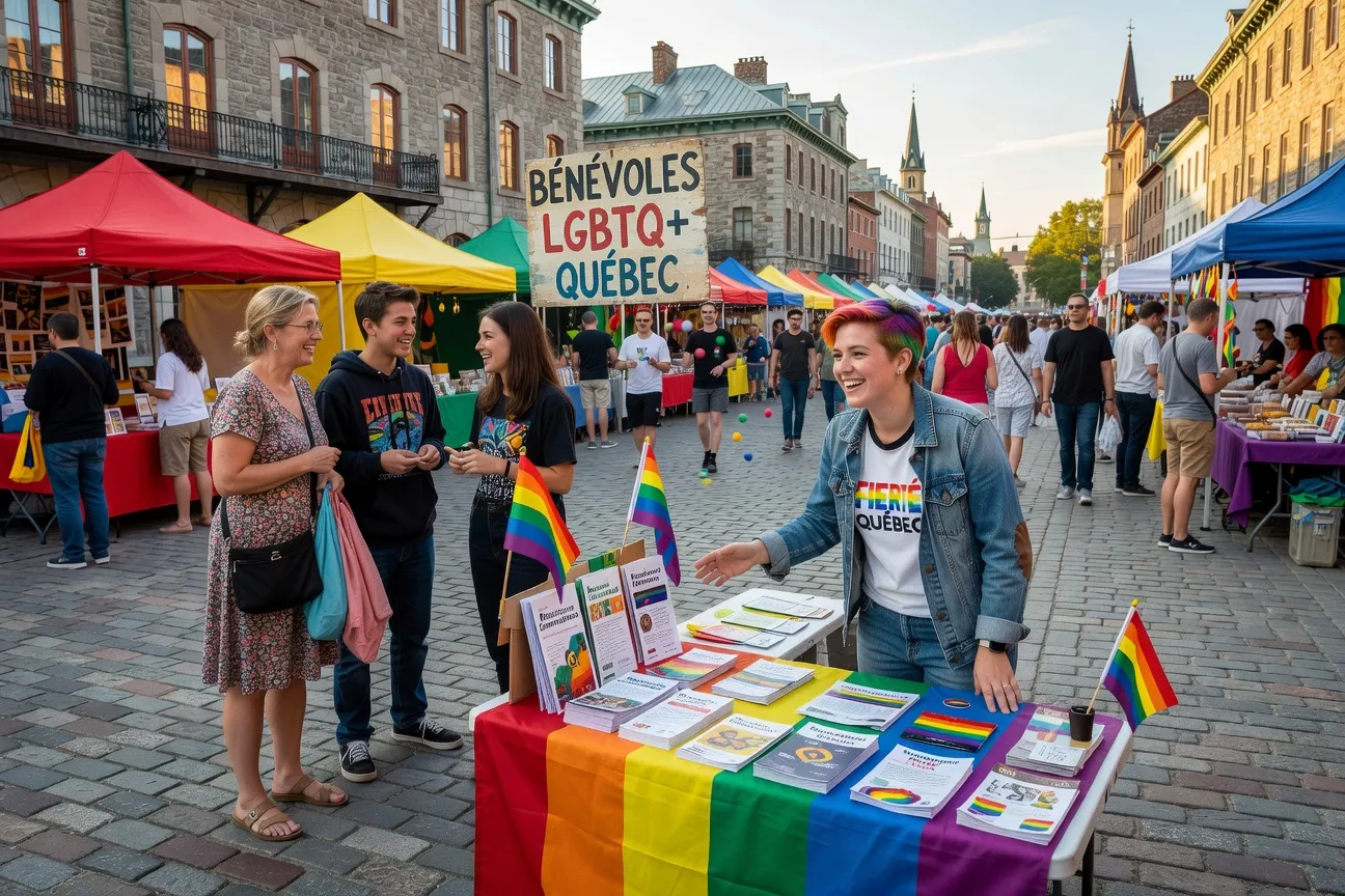 Young LGBTQ+ volunteer at a community booth during a street festival in Quebec