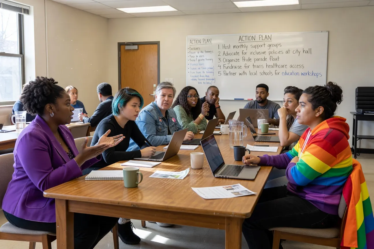 Comité LGBTQ+ in a meeting in a community room, diverse participants around a table with a whiteboard