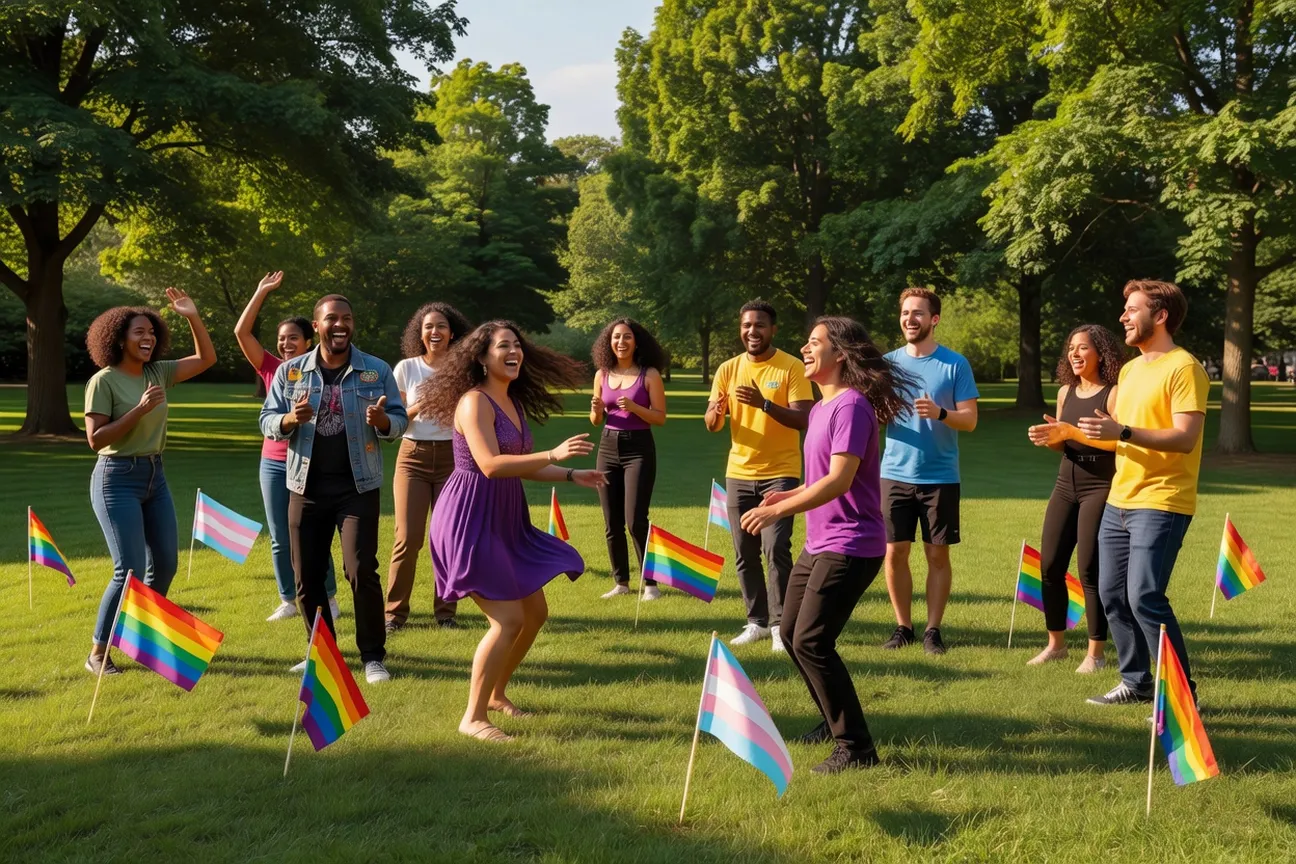 Bar amigable LGBTQ+ en una ciudad regional de Quebec, decoraciones arcoíris y clientes sonrientes