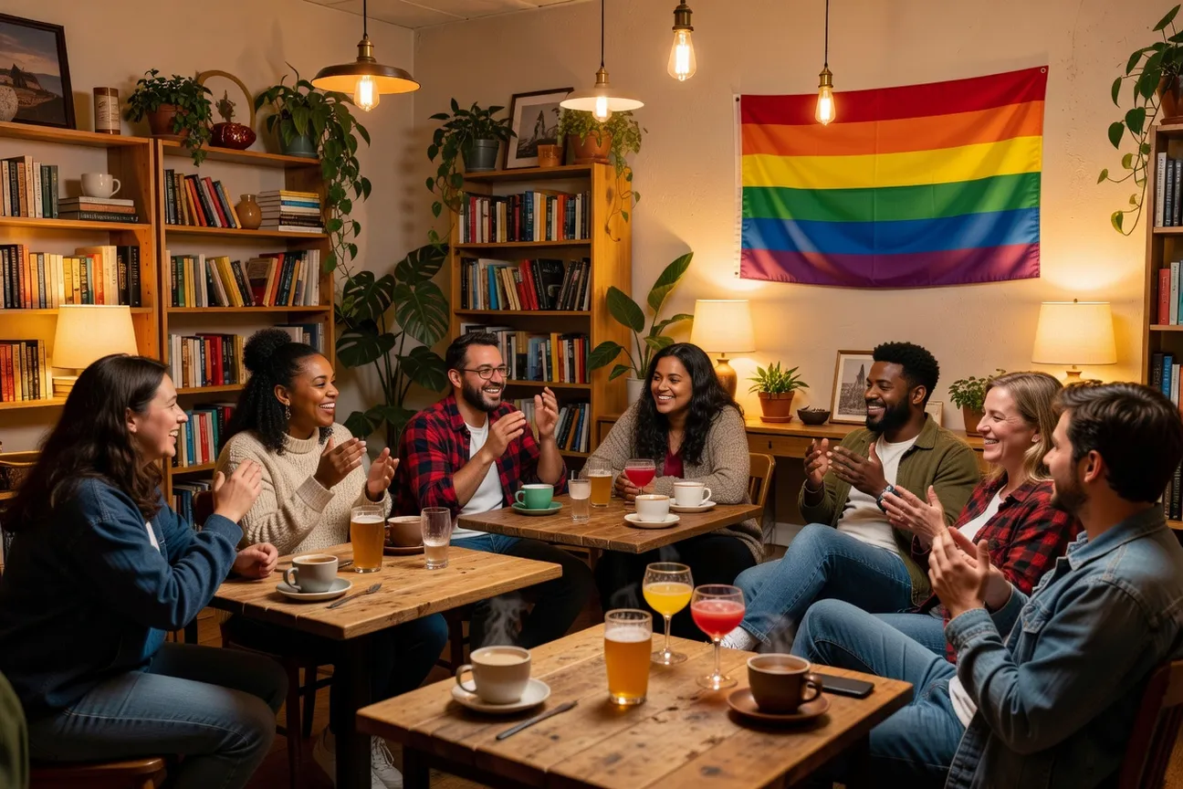 Soirée estudiantil inclusiva en un bar de Sherbrooke, atmósfera amigable y colorida