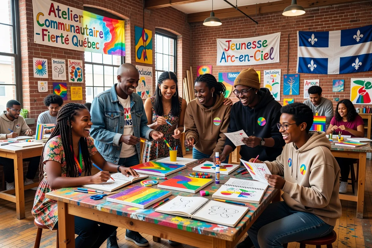 Groupe de jeunes LGBTQ+ diversifiés lors d'un atelier communautaire in Quebec