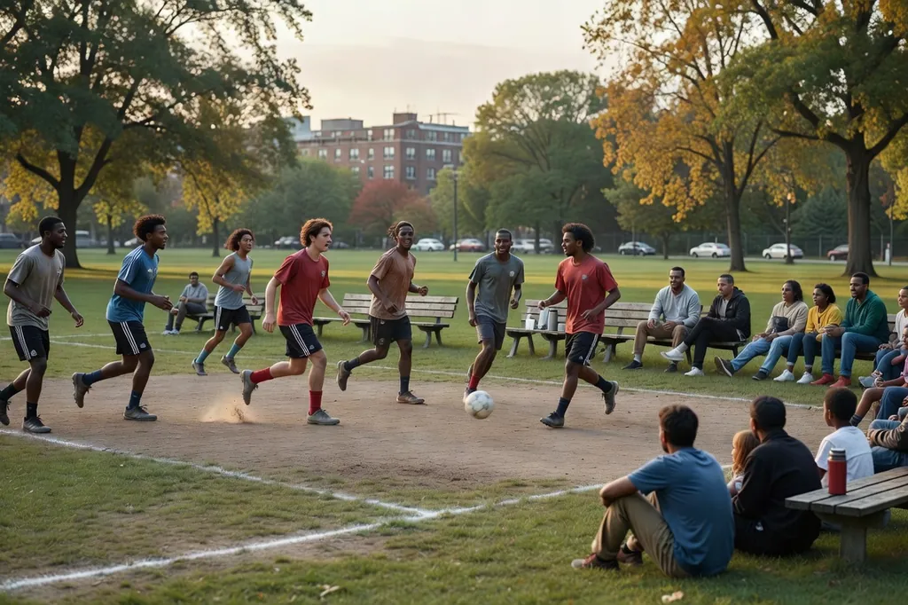 Match de soccer amical sur un parc urbain montréalais en fin de journée