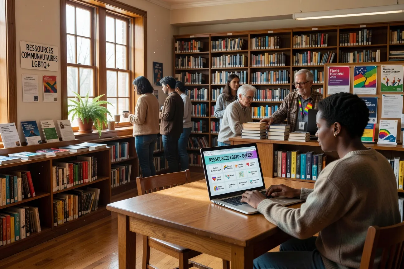 Personne parcourant des ressources LGBTQ+ sur un ordinateur portable dans une bibliothèque communautaire au Québec