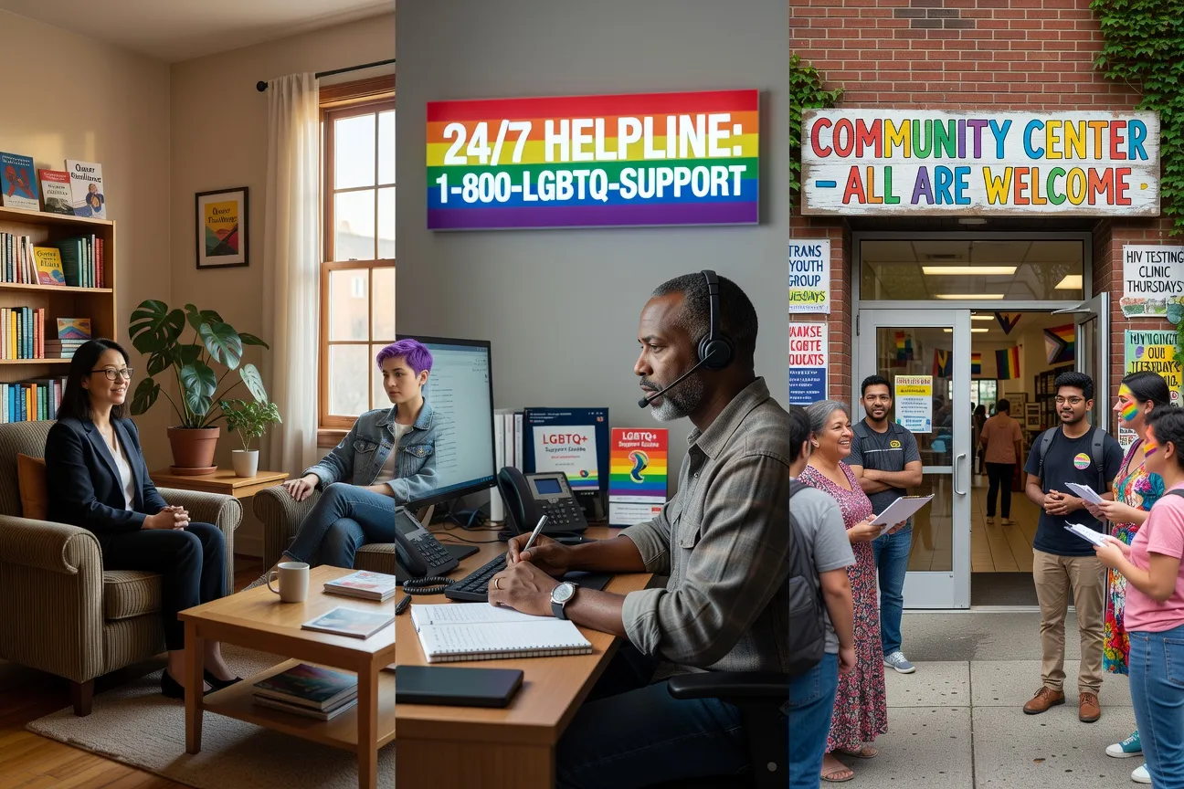 Diversité de services LGBTQ+ : bureau de thérapie, opérateur de ligne d'écoute, entrée de centre communautaire