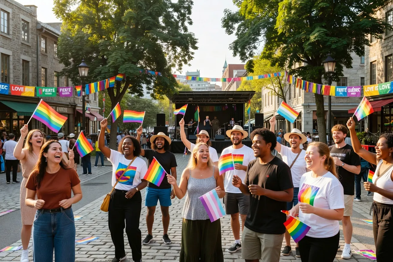 Map of Quebec with colored pins indicating the cities where LGBTQ+ events will take place in 2026