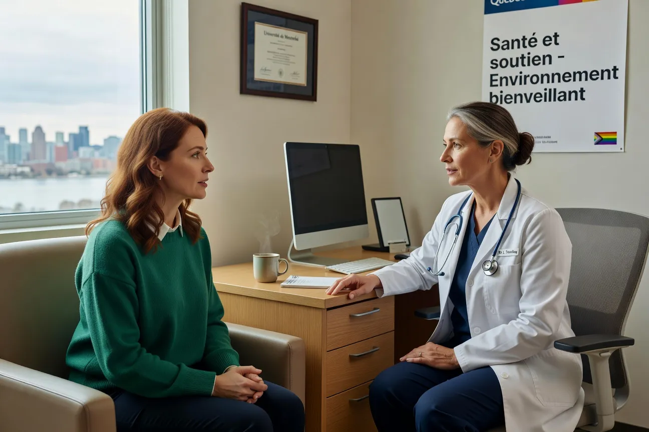 Femme trans en una consulta médica en un hospital en Quebec, ambiente acogedor