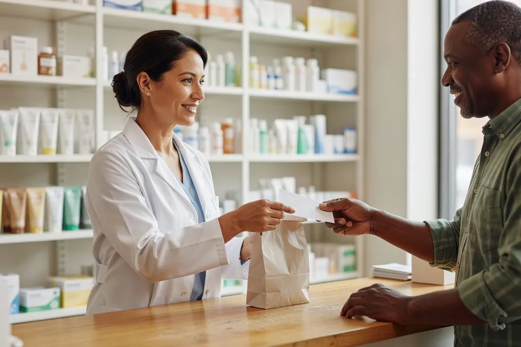 Pharmacienne remettant une ordonnance à un client dans une pharmacie québécoise
