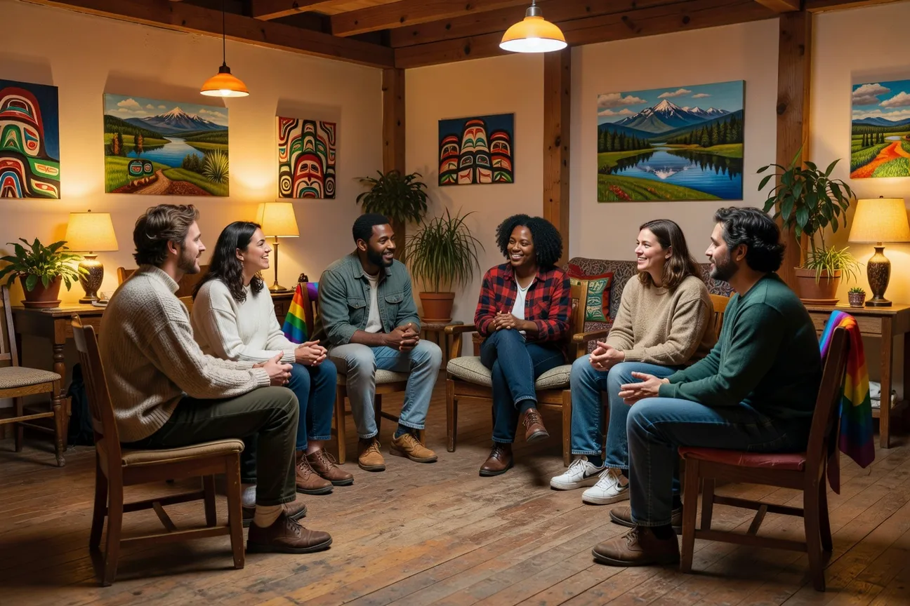 Groupe de personnes LGBTQ+ en milieu rural en Quebec, ambiente cálido e inclusivo