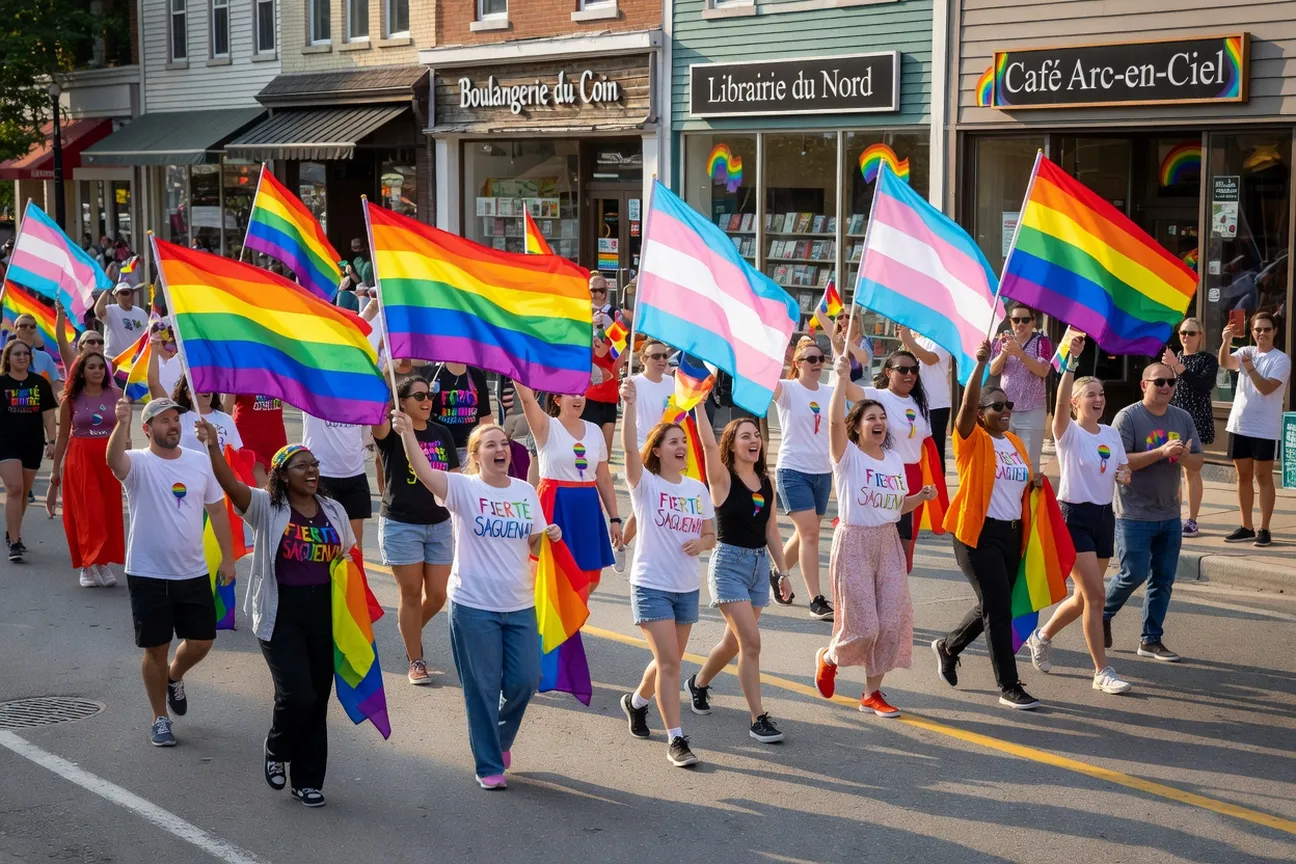 Desfile del Orgullo de Saguenay, multitud diversa en una ciudad regional de Quebec