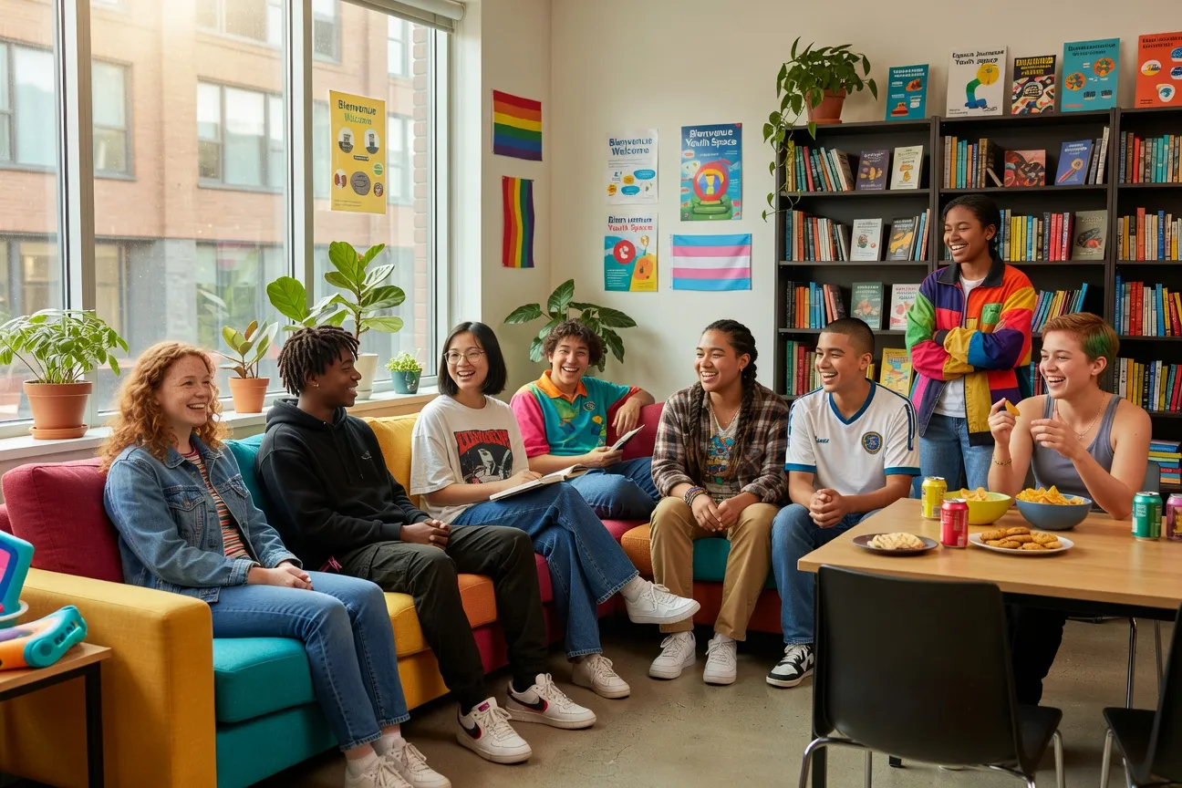 Adolescente sonriente de Quebec sosteniendo una bandera arcoíris con un interveniente comunitario benevolente en el fondo, representando el apoyo a los jóvenes LGBTQ+ en Quebec
