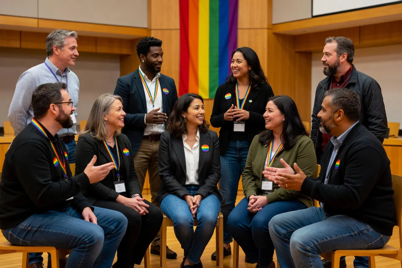 Representantes de varias asociaciones LGBT de Quebec reunidos durante una asamblea anual, bandera arcoíris de fondo
