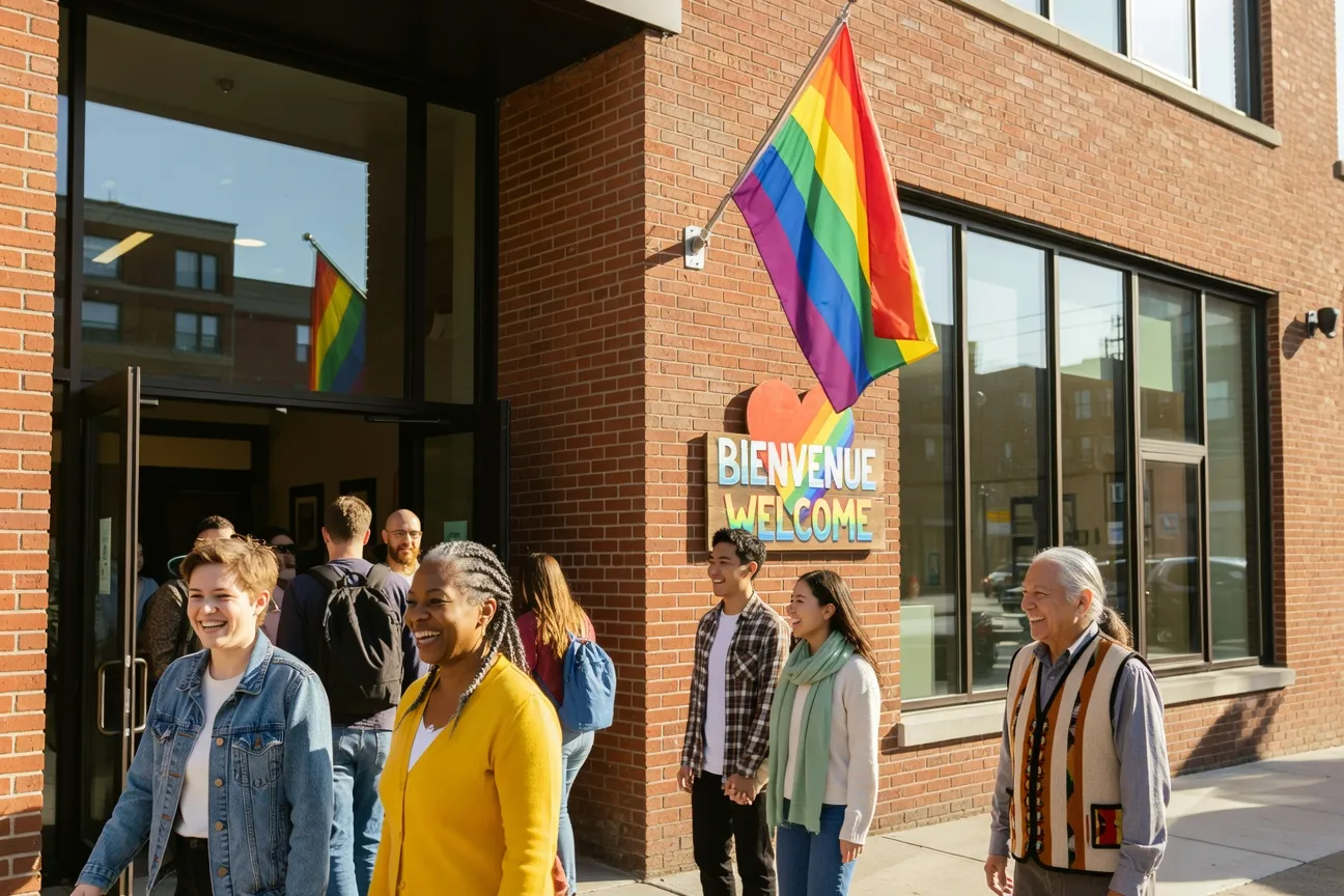 Entr&eacute;e accueillante d'un centre communautaire LGBT &agrave; Montr&eacute;al, drapeau arc-en-ciel et personnes diverses entrant