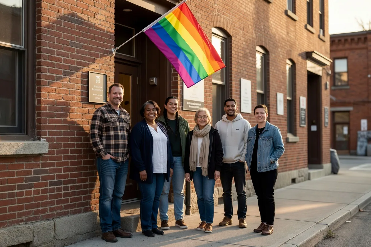 Groupe divers de b&eacute;n&eacute;voles d'un centre communautaire LGBTQ+ devant l'entr&eacute;e d'un b&acirc;timent en brique avec drapeau arc-en-ciel