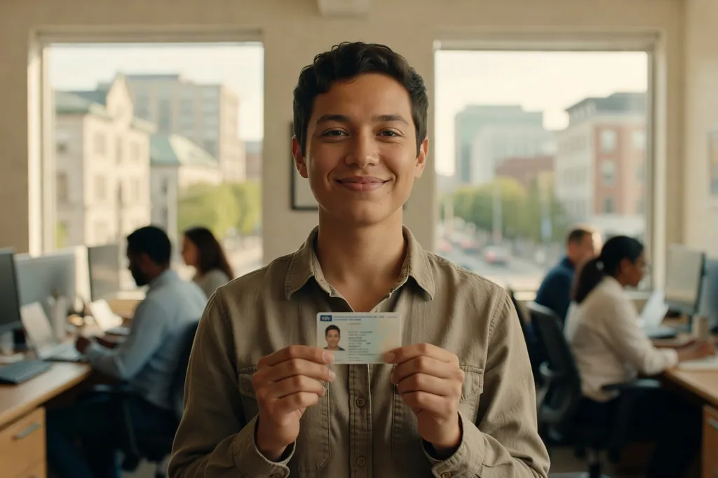 Personne souriante tenant sa nouvelle carte d'identité après un changement de mention de sexe au Québec