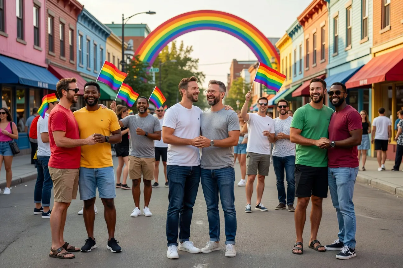 Foule joyeuse d'hommes gais arborant des drapeaux arc-en-ciel sur la rue Sainte-Catherine peatonalizada en el Village gai de Montreal en 2026