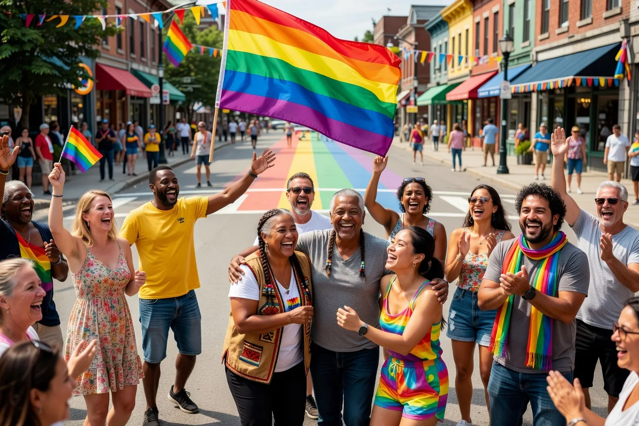 Rainbow flag and diverse crowd at the Montreal Pride parade, representing the Quebec LGBT community in 2026