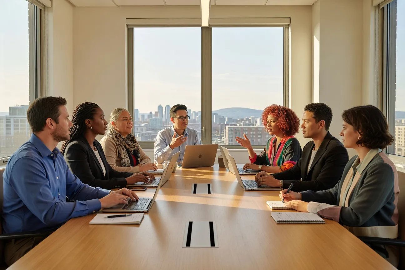 Diverse work meeting in a modern Quebec office — colleagues from all backgrounds in discussion