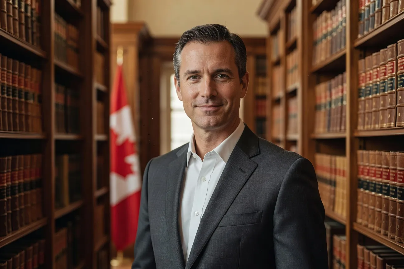 Retrato editorial de Me Olivier Gagnon, abogado especializado en derechos humanos, en una biblioteca jurídica en Montreal