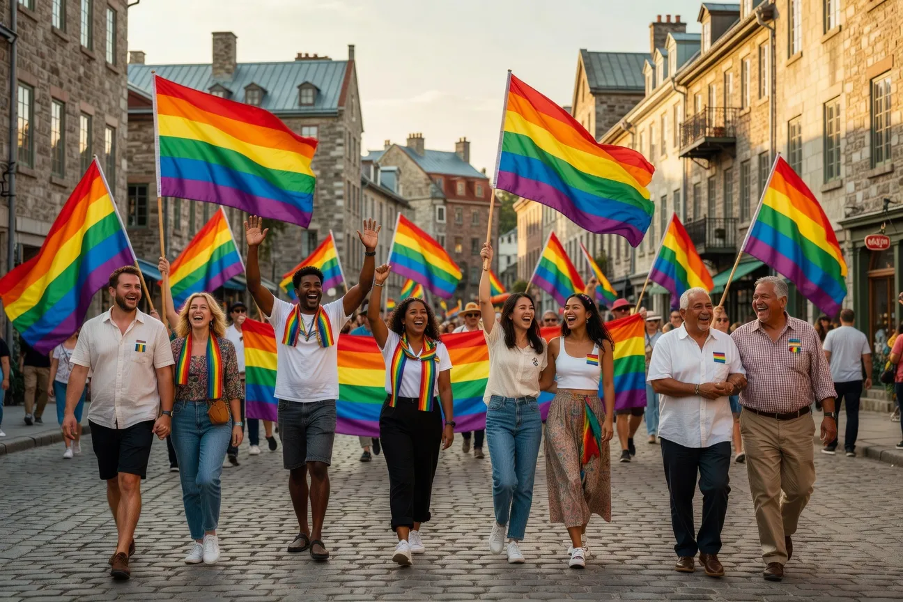 D&eacute;fil&eacute; de la Fiert&eacute; de Qu&eacute;bec : participants divers brandissant des drapeaux arc-en-ciel devant le Vieux-Qu&eacute;bec