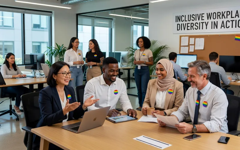 Milieu de travail inclusif au Qu&eacute;bec avec un drapeau arc-en-ciel sur un bureau