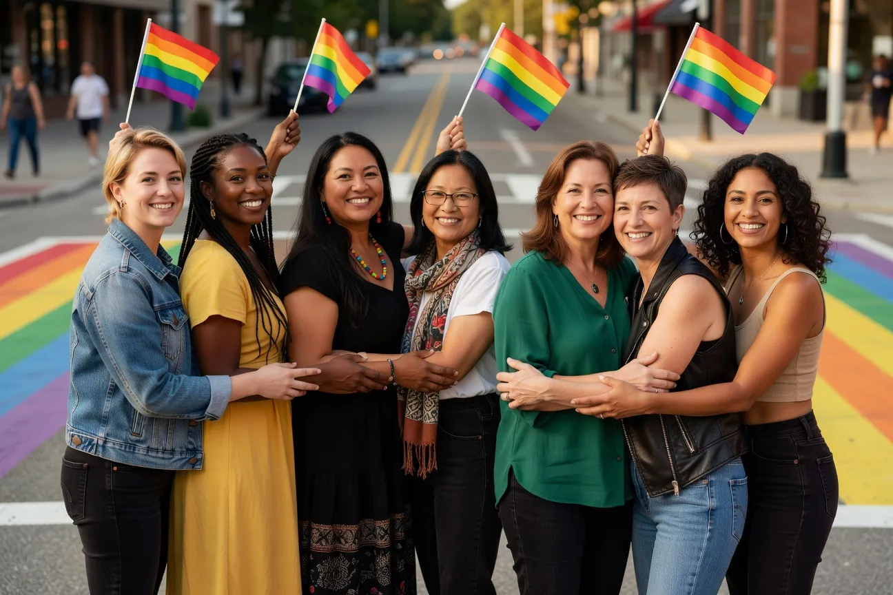 Couple formed of two smiling Quebec women at a pride event, representing the lesbian community in Quebec in 2026