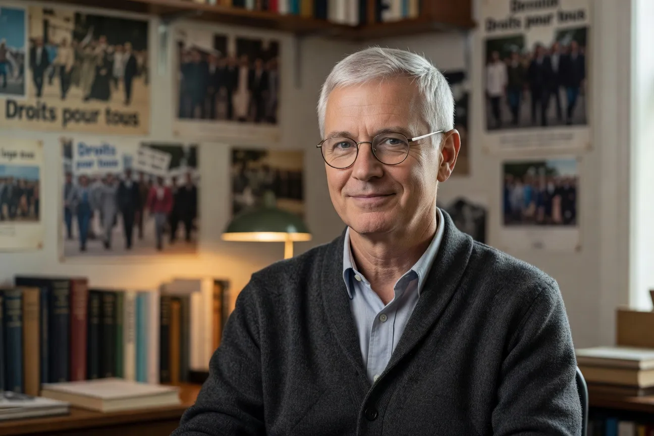 Editorial portrait of Marc-André Lévesque, LGBTQ+ activist from Quebec aged 60-65, with gray hair and round glasses, in a community space in Montreal