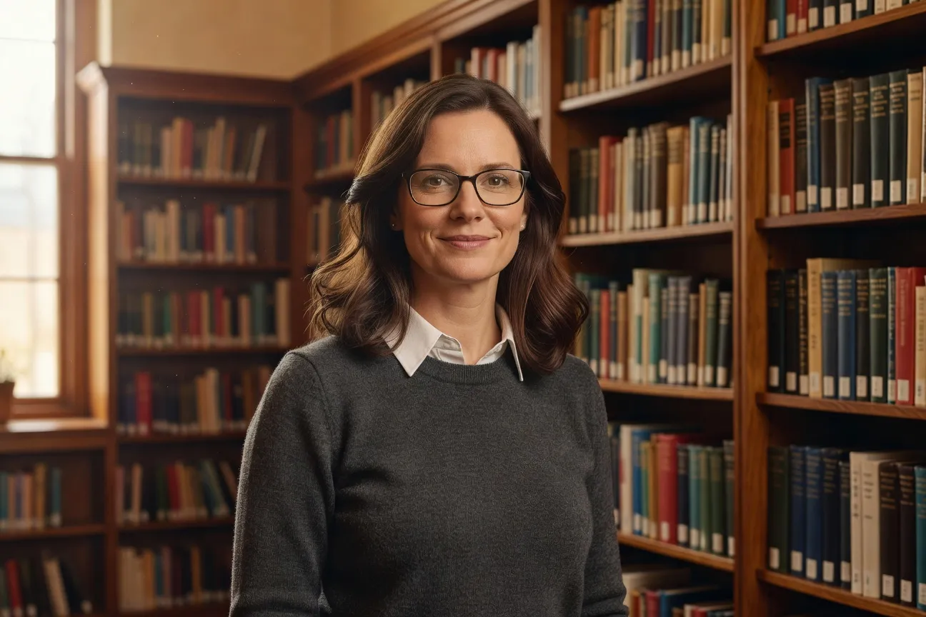 Editorial portrait of Marie-Claude Bouchard, researcher in gender studies, in her office in Montreal