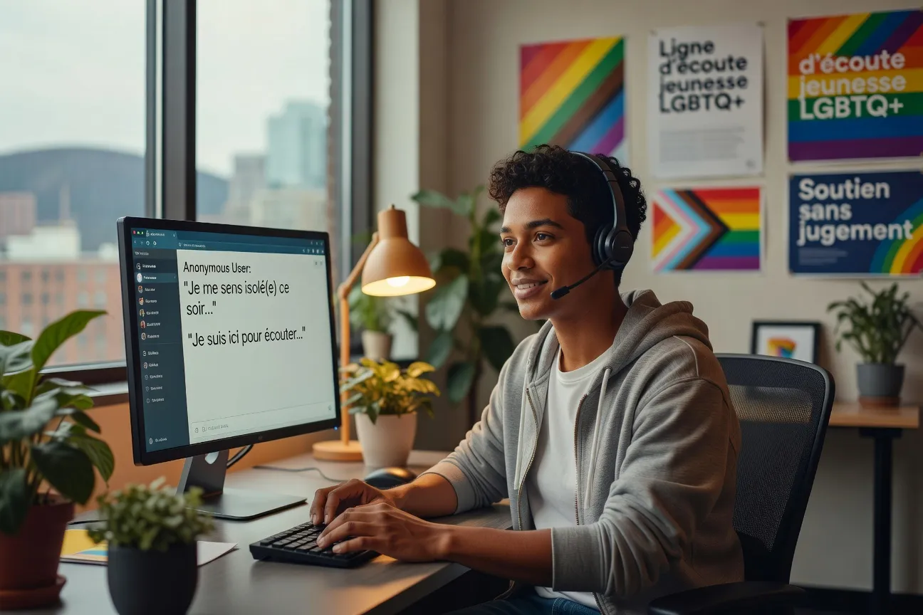 Joven quebequense usando su teléfono para llamar a una línea de escucha LGBT, en un ambiente reconfortante