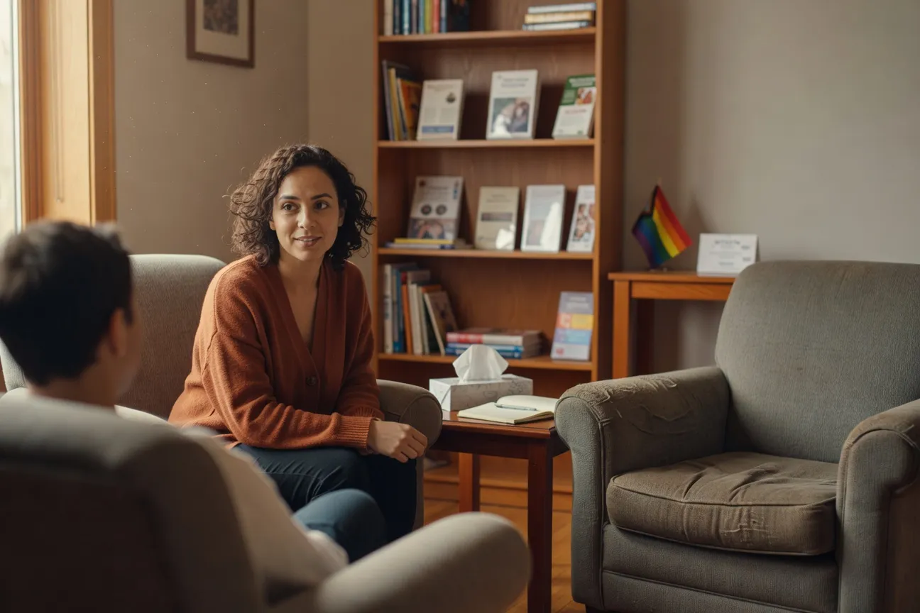 Conseill&egrave;re &eacute;coutant un visiteur dans un centre communautaire LGBTQ+ &agrave; Qu&eacute;bec