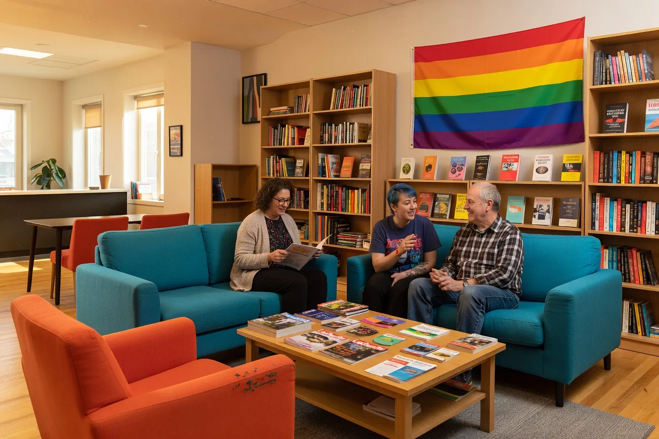 Salle d'accueil chaleureuse d'un centre communautaire LGBT avec mobilier color&eacute;, drapeau arc-en-ciel au mur et personnes diverses discutant