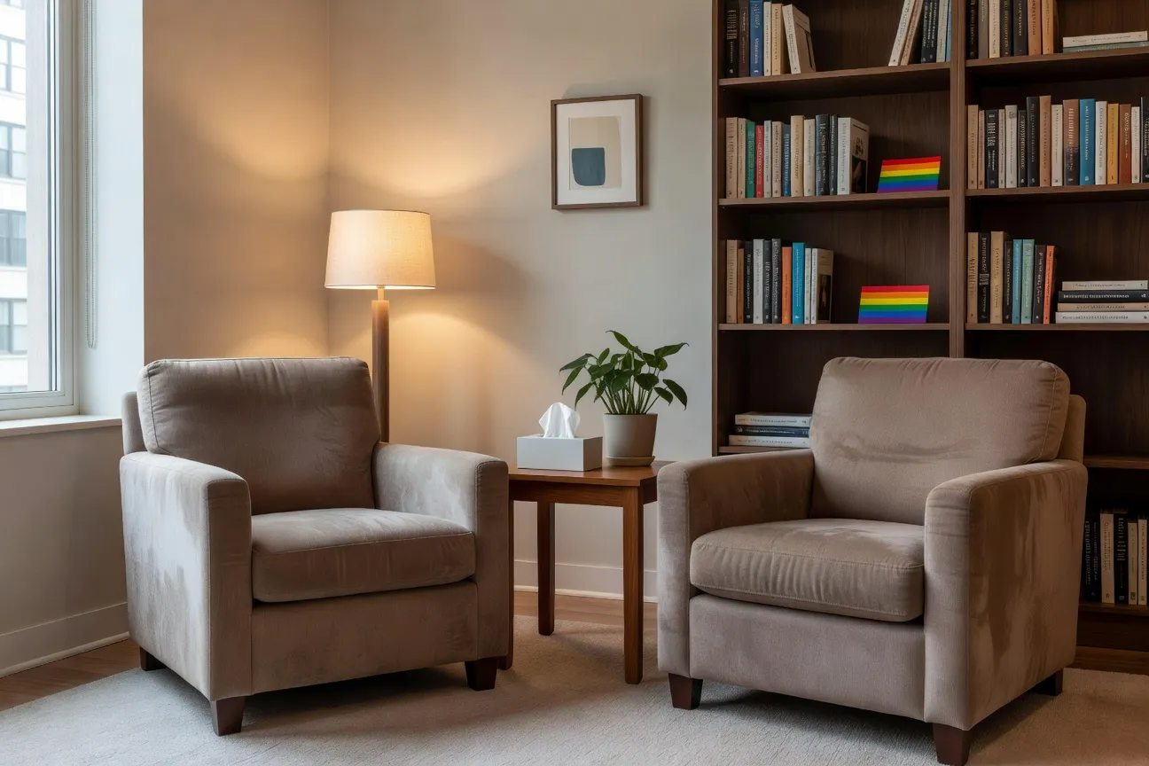 Warm sexology office in Montreal, face-to-face chairs, soft lighting, discreet rainbow flag on the wall