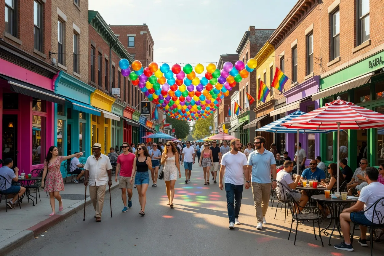 Calle Sainte-Catherine peatonal rodeada de terrazas animadas en el Village gai de Montreal, bandera arcoíris suspendida arriba