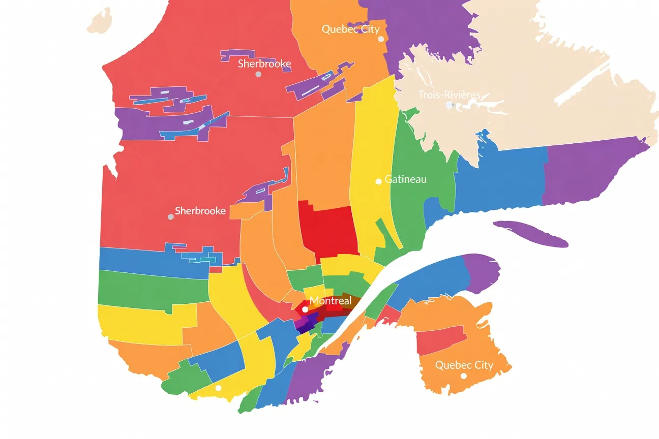 Colored map of Quebec highlighting the distribution of the LGBT community by administrative region